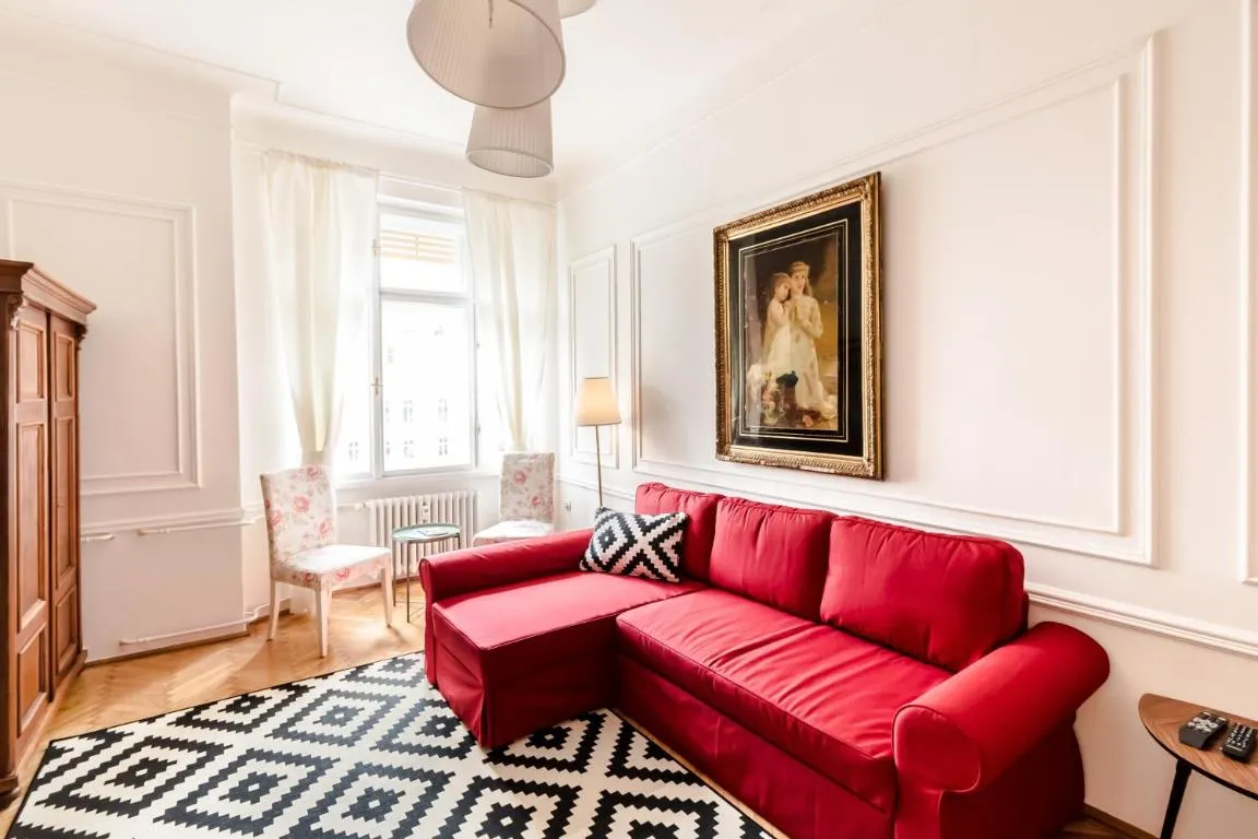 Image of Golden Esthetic with Red Sofa Apartment