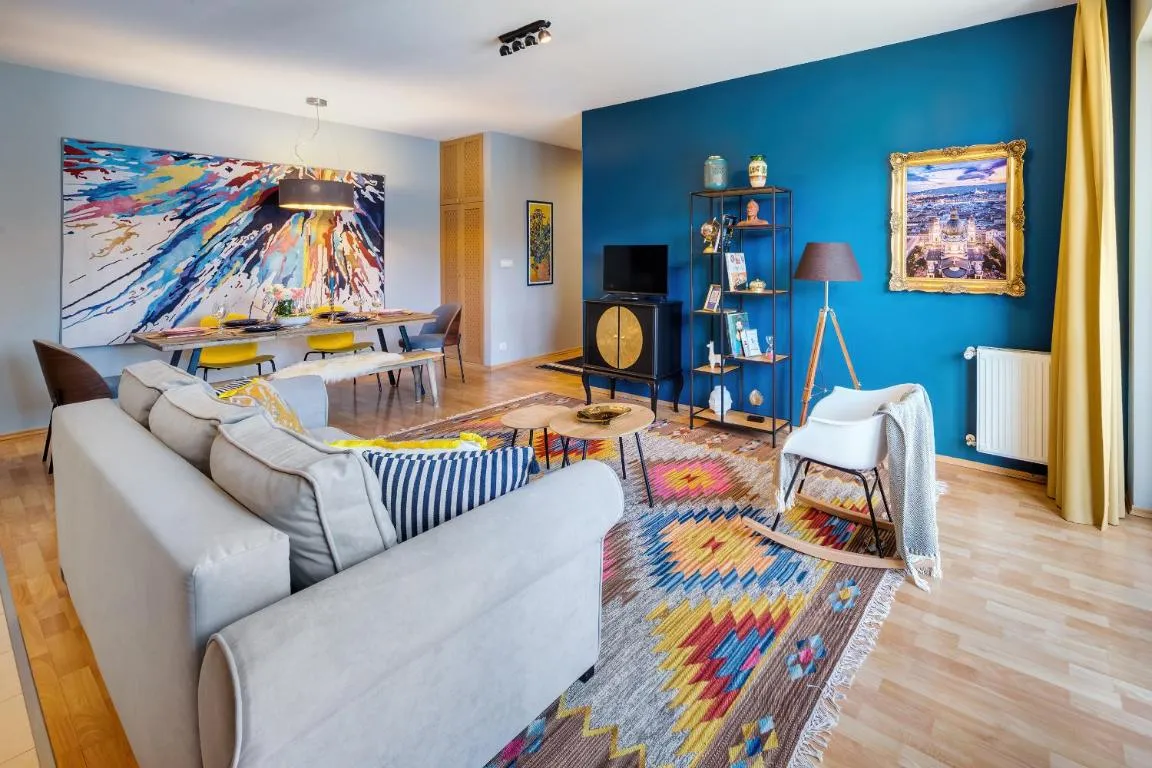 Image of Stylish and colorful apartment with balcony